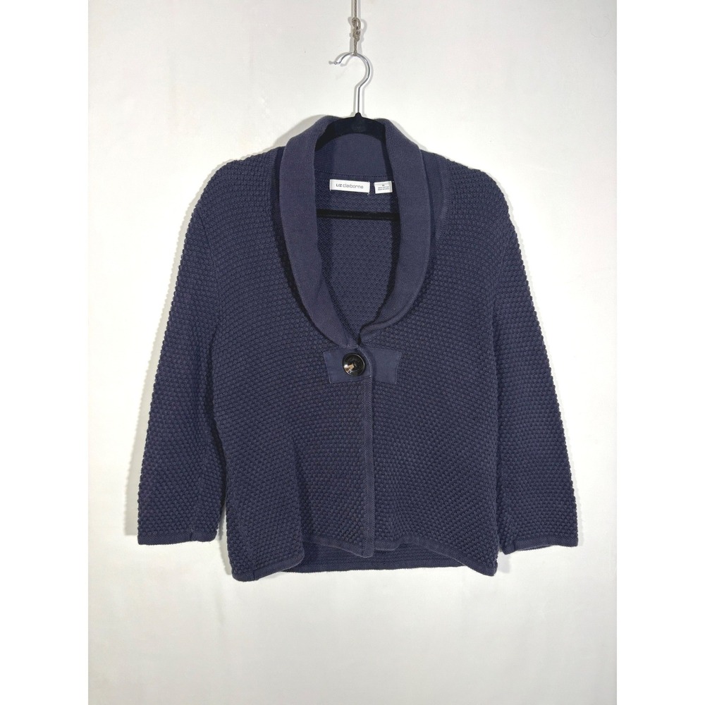 Preppy Dark Academia Liz Claiborne Women Medium Blue Waffle Knit Shawl Cardigan